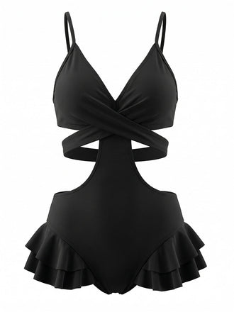 Maillot de Bain Une Pièce à Volants Croisé Découpé Noir Années 1940 2