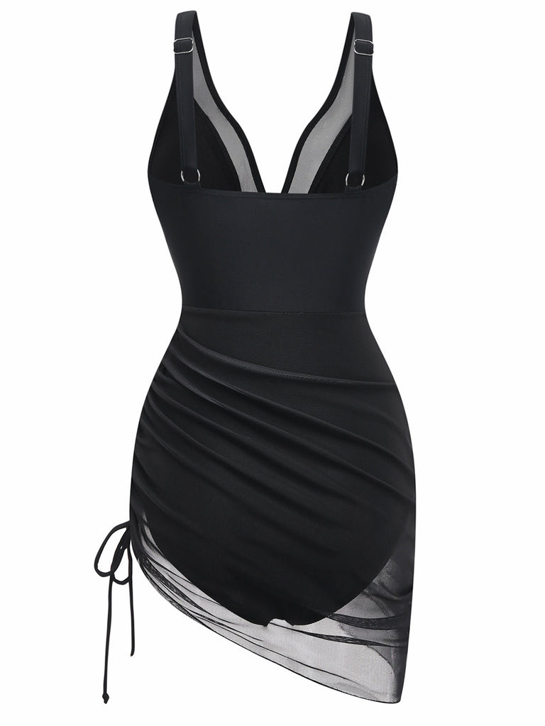 Maillot de Bain Floral Filet Col V Profond Noir Années 1940 2