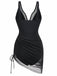 Maillot de Bain Floral Filet Col V Profond Noir Années 1940 2