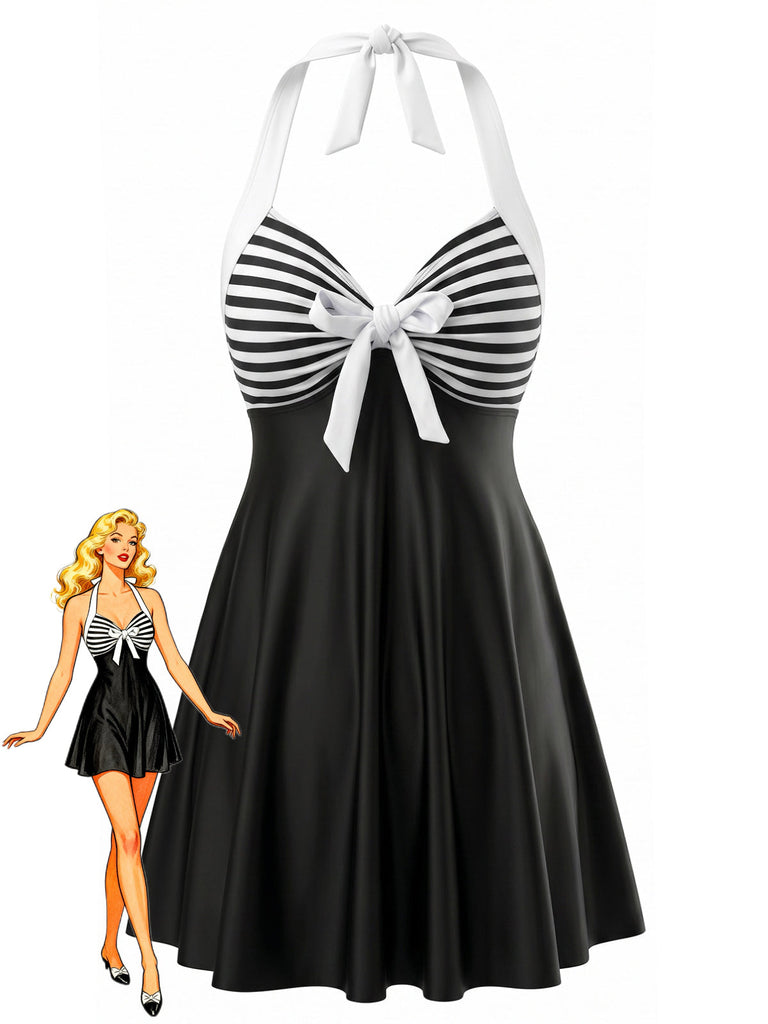 Rayée Dos-Nu Nœud Tankini Ensemble Noire Années 1940