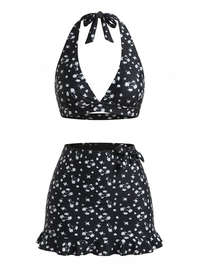 Ensemble 3 Pièces Bikini Dos-Nu Petites Fleurs & Cache-Maillot Noir Années 1960