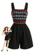Combishort Smocké Col Carré Brodé Floral Noir Années 50