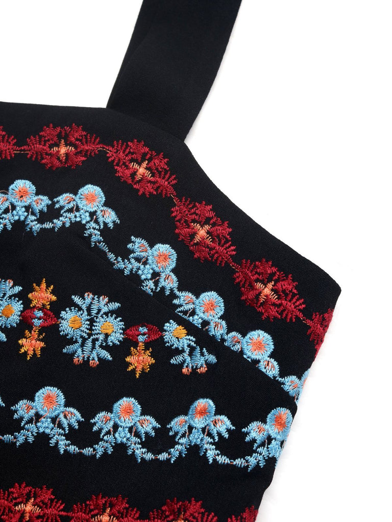 Combishort Smocké Col Carré Brodé Floral Noir Années 50