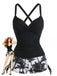 Ensemble Tankini Froncé à Cordons Imprimé Palmiers Noir Années 1950