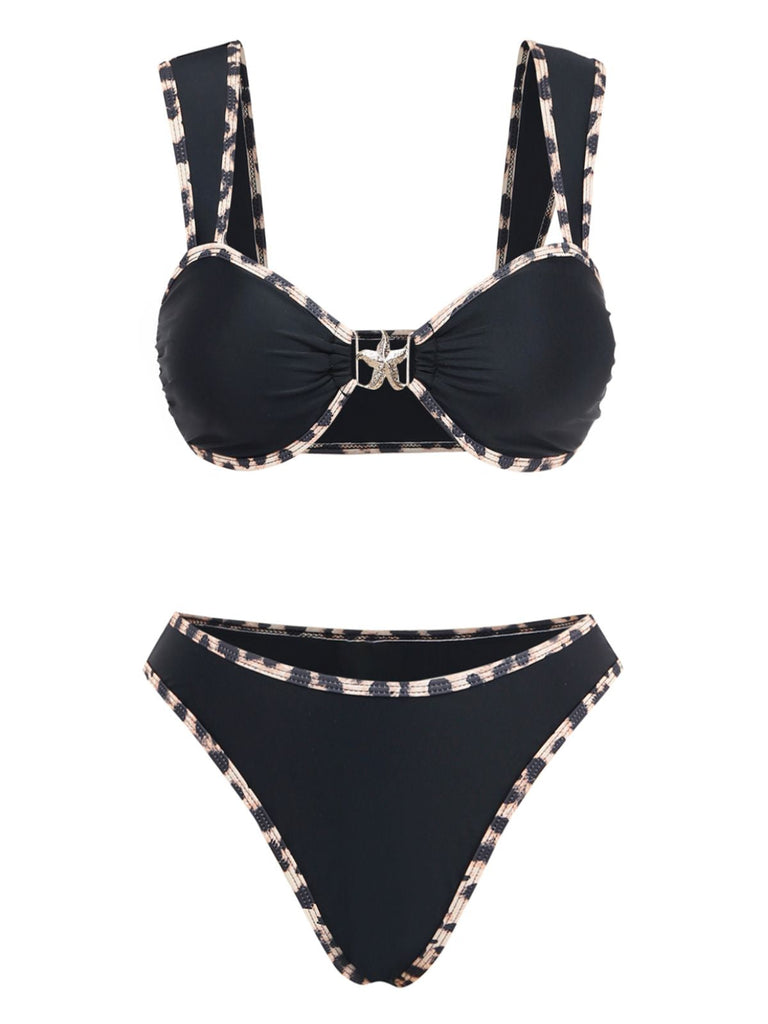 Ensemble Bikini Ornements Métal Étoile de Mer Bordure Léopard Noir Années 1950 2