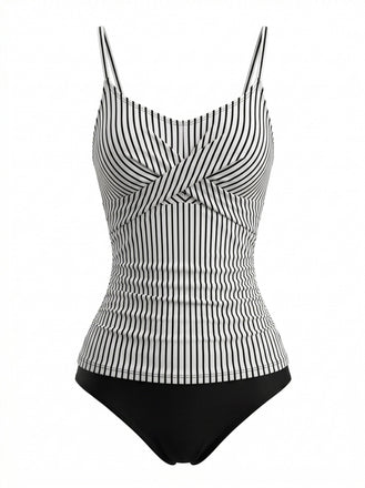Rayé Bretelles Spaghetti Tankini Ensemble Noire Années 1950 2