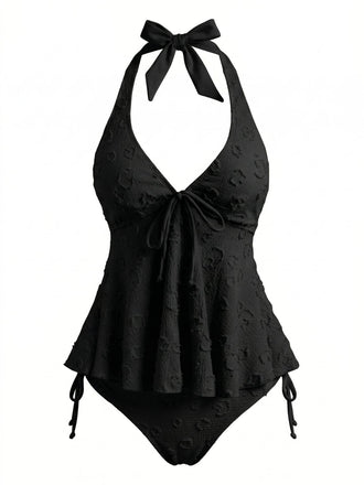 Texturé Floral Halter Profond V Ensemble Tankini Années 1950 9