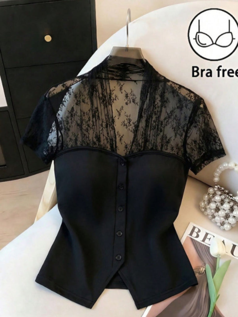 Blouse Col V Patchwork Dentelle Noir Années 60