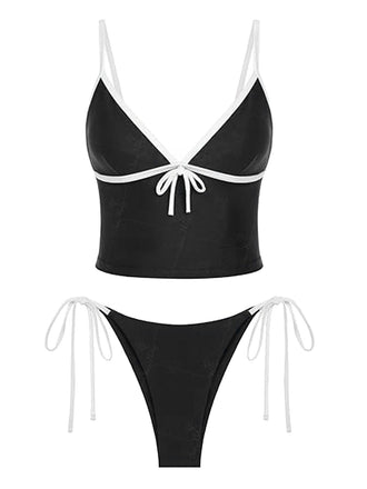 Contrasté Bordure Nœud Tankini Ensemble Noire Années 1980 2
