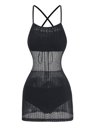 Crochet Croisé Sans Manches Tricot de Bain Robe Noire Années 1980 2