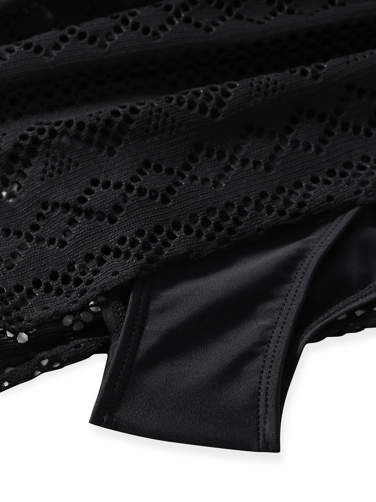 Noir Dentelle Col V Froncé Maillot de Bain Une Pièce Années 1950 6