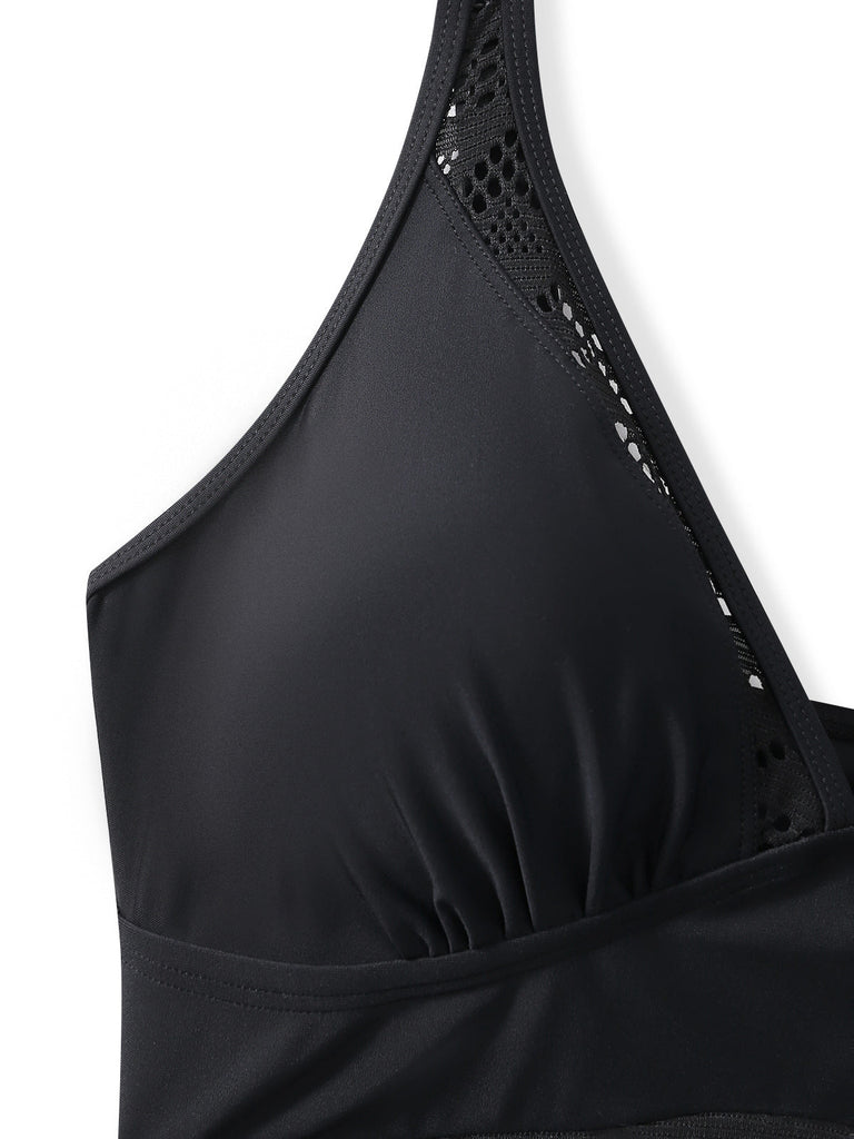 Noir Dentelle Col V Froncé Maillot de Bain Une Pièce Années 1950 4