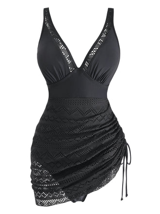 Noir Dentelle Col V Froncé Maillot de Bain Une Pièce Années 1950