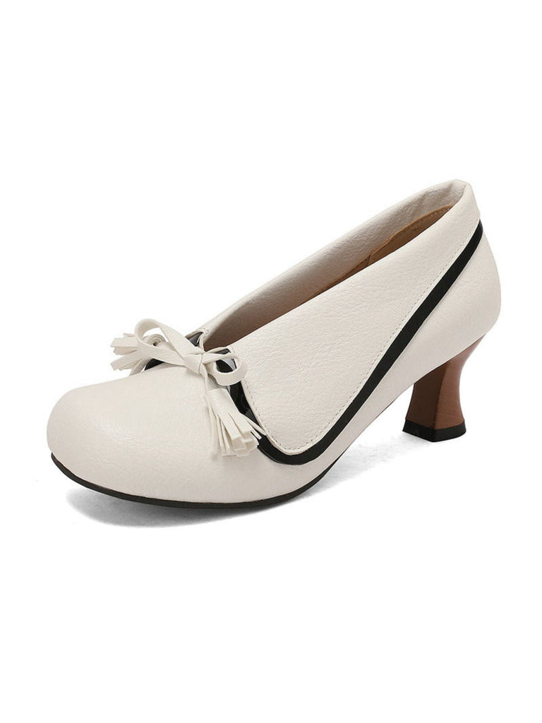 Chaussures rétro à nœud en PU, bout rond et talon compensé