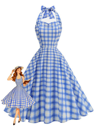 Robe dos nu à carreaux vintage des années 1950 avec décolleté en cœur, idéale pour un look pin-up rétro et des soirées swing.