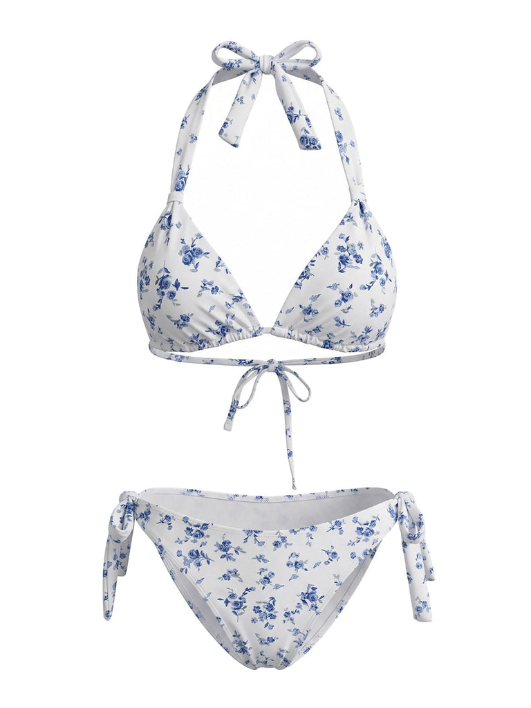 Bleu Ensemble Bikini Dos Nu à Petites Fleurs avec Lien années '40 2