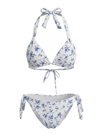 Bleu Ensemble Bikini Dos Nu à Petites Fleurs avec Lien années '40 2