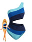 Maillot de bain une pièce bleu rayures et blocs couleur années 1940