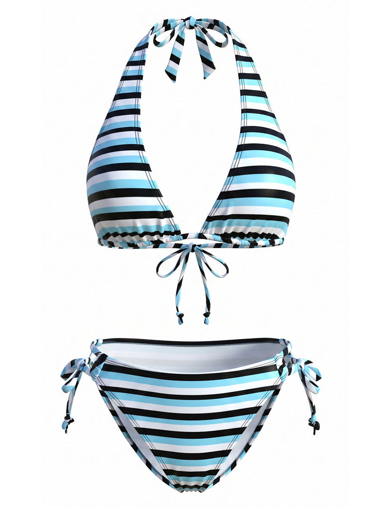 Rayé Dos-Nu Noué-Up Tankini Ensemble Bleue Années 1940 2