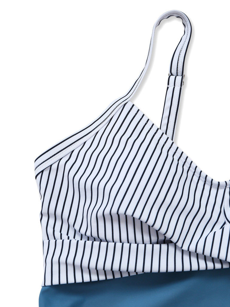Maillot de bain rayé bleu poches et fronces années 1940