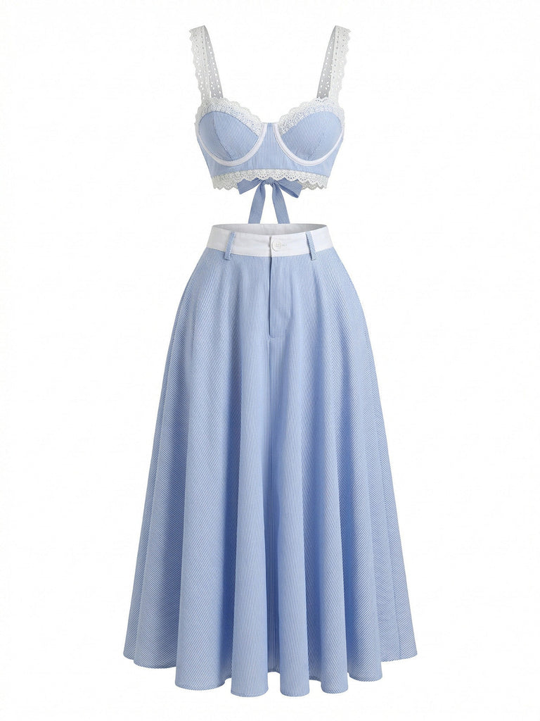 Deux Pièces Bleu Dentelle Bretelles Spaghetti Haut & Taille Haute Jupe Années 1950