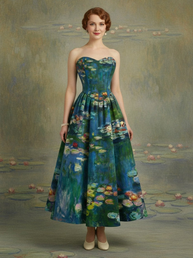 Robe bustier bleue motif nénuphars et décolleté cœur années 50