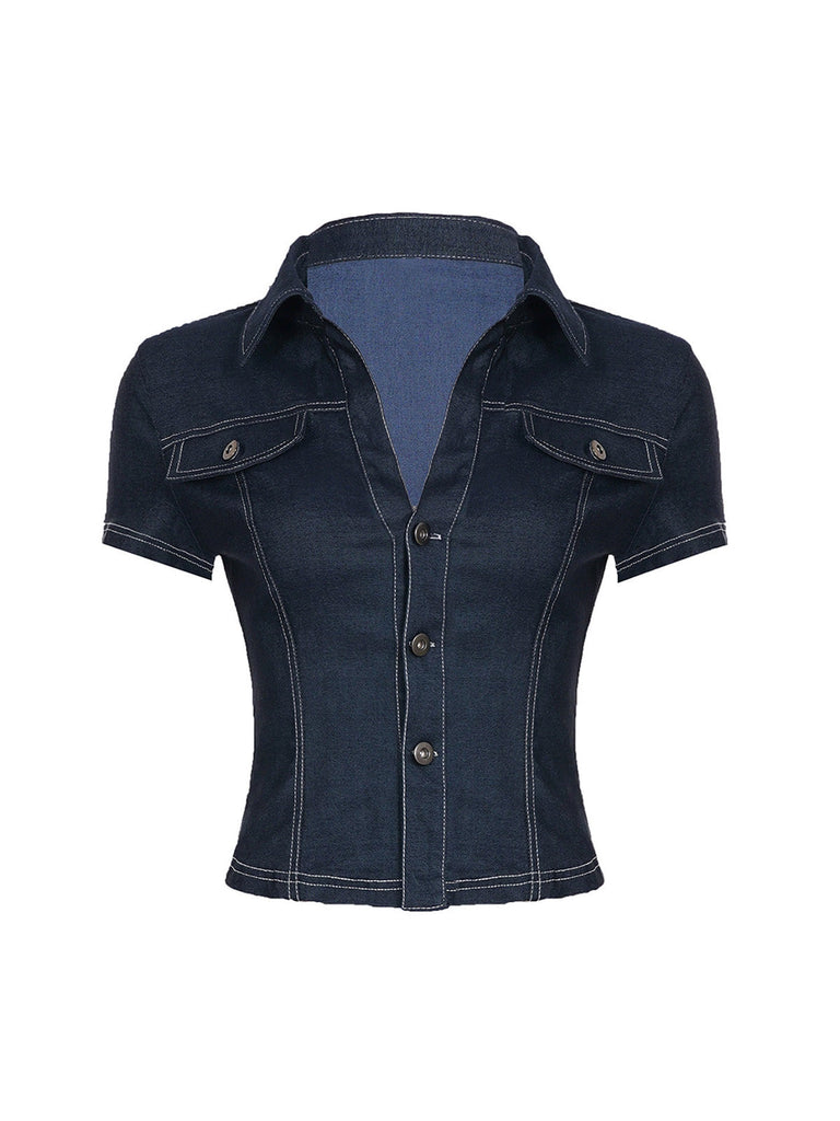 Chemise Courte Col Revers Manches Courtes en Denim Bleu Années 60