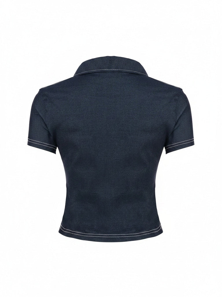 Chemise Courte Col Revers Manches Courtes en Denim Bleu Années 60