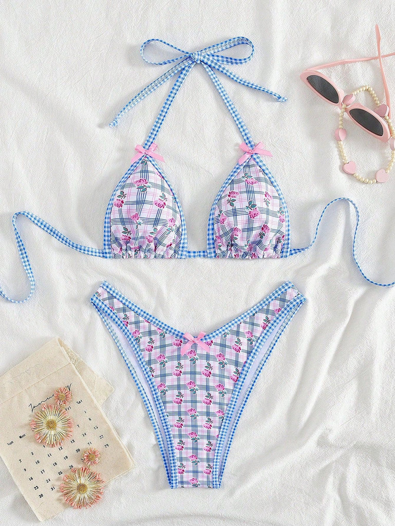Ensemble Bikini Triangle Halter Vichy Floral avec Nœud Bleu Années 60