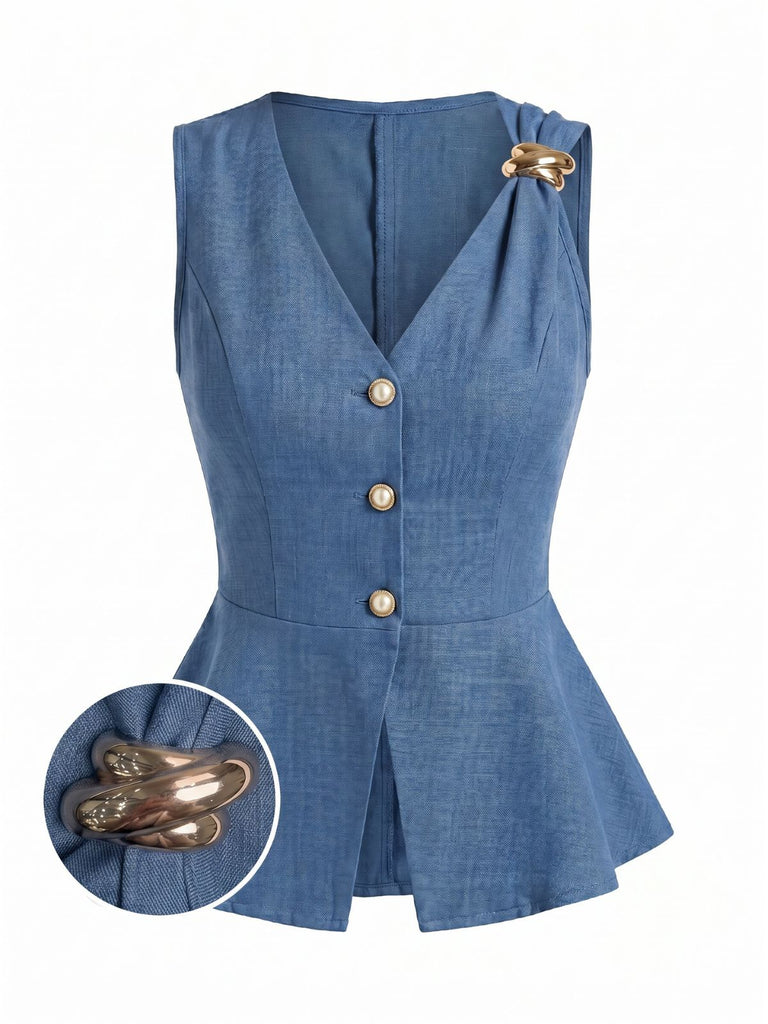 Tops Perle Col V Boutonné Bleu Années 1960