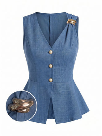 Tops Perle Col V Boutonné Bleu Années 1960