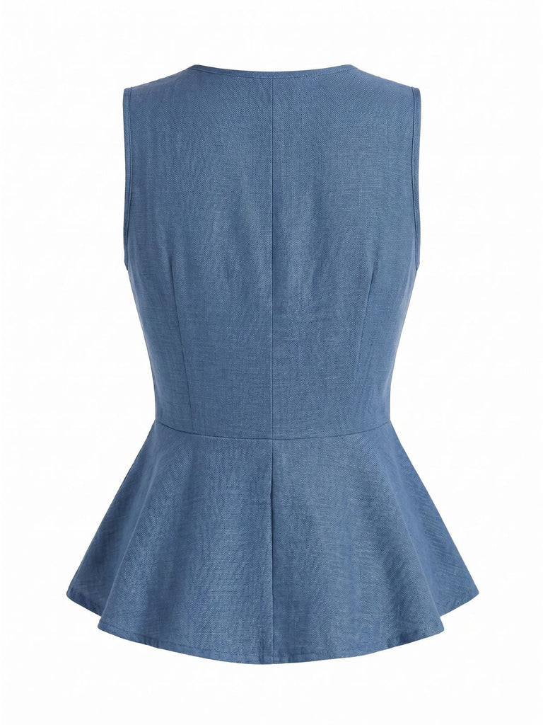 Tops Perle Col V Boutonné Bleu Années 1960 3