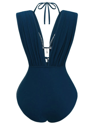 Blue-1960s-plaid-halter-bikini-top-plunging-ruched-swimsuit-back-view