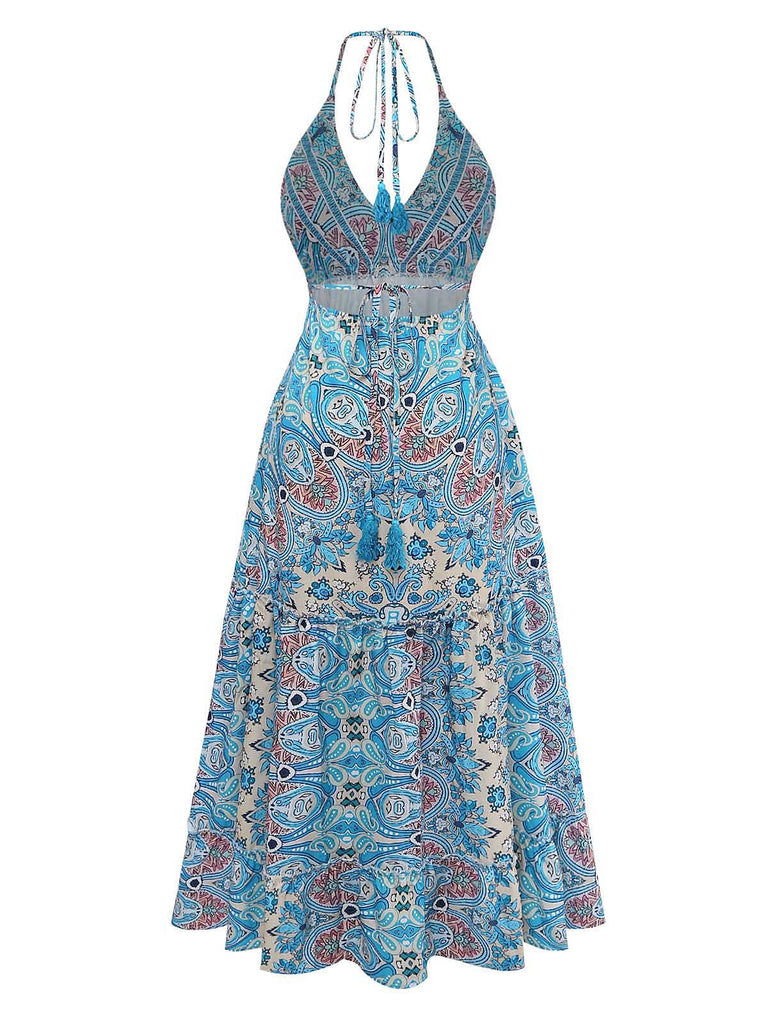 Robe Midi Halter Évasée Boho Paisley Bleu Années 70