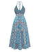 Robe Midi Halter Évasée Boho Paisley Bleu Années 70