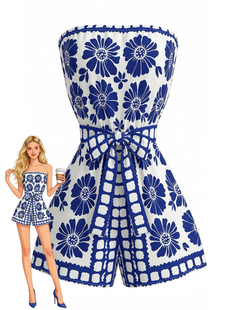 Combishort Bustier Ceinturé Floral Bleu Années 1970