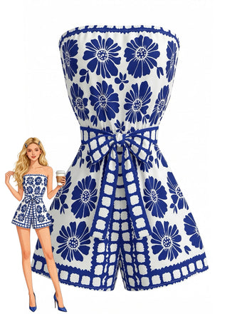 Combishort Bustier Ceinturé Floral Bleu Années 1970