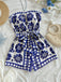 Combishort Bustier Ceinturé Floral Bleu Années 1970