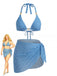Ensemble 3 Pièces Bikini Dos-Nu Géométrique Cube 3D & Cache-Maillot Bleu Années 1970