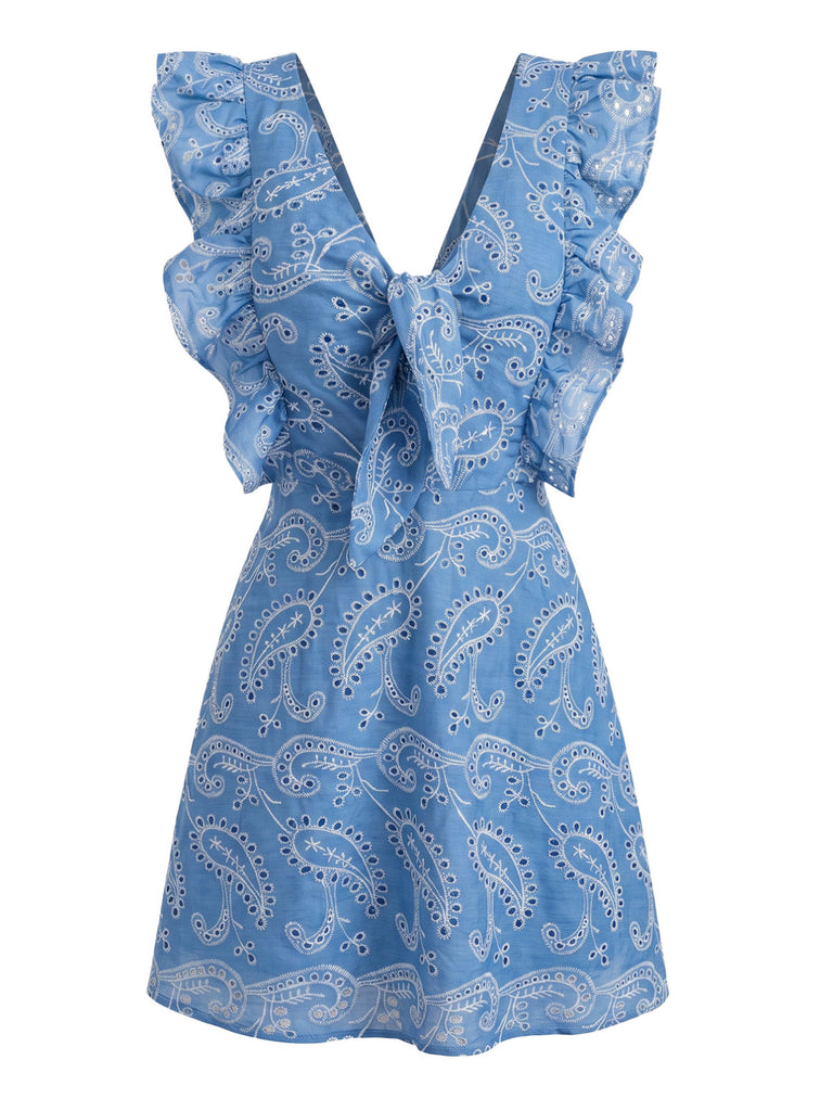 Robe Courte Paisley Col V à Volants Brodée Bleue Années 1970 2