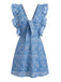 Robe Courte Paisley Col V à Volants Brodée Bleue Années 1970 2