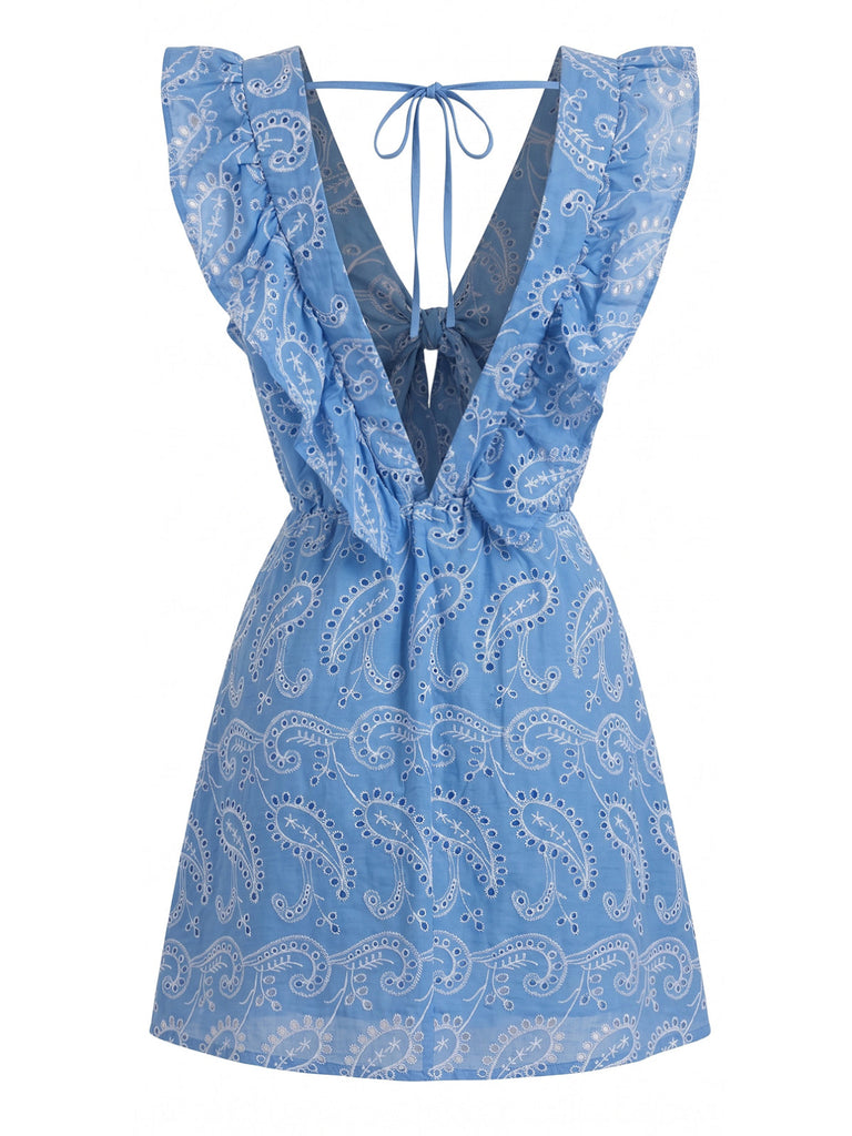 Robe Courte Paisley Col V à Volants Brodée Bleue Années 1970 3