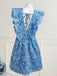 Robe Courte Paisley Col V à Volants Brodée Bleue Années 1970 6