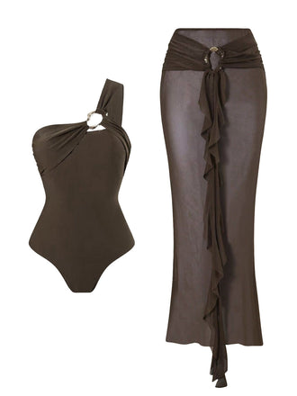 Maillot de Bain Une Pièce Filet à Volants Marron Années 1930