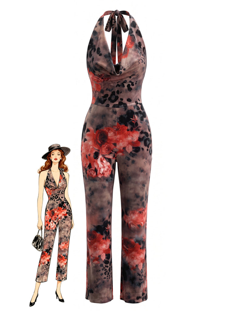 Combinaison Halter Col Drapé Floral Marron Années 70