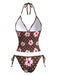 Ensemble Bikini Halter à Pois et Fleurs Marron Années 80