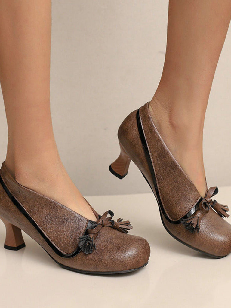 Chaussures rétro à nœud en PU, bout rond et talon compensé