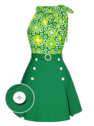 2PCS hauts fleuris à col noué et jupe unie boutonnée vert des années 1960