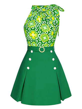 2PCS hauts fleuris à col noué et jupe unie boutonnée vert des années 1960