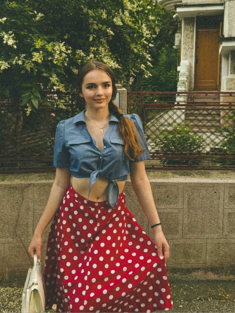 2PCS chemisier uni et jupe à pois bleu et rouge des années 1950